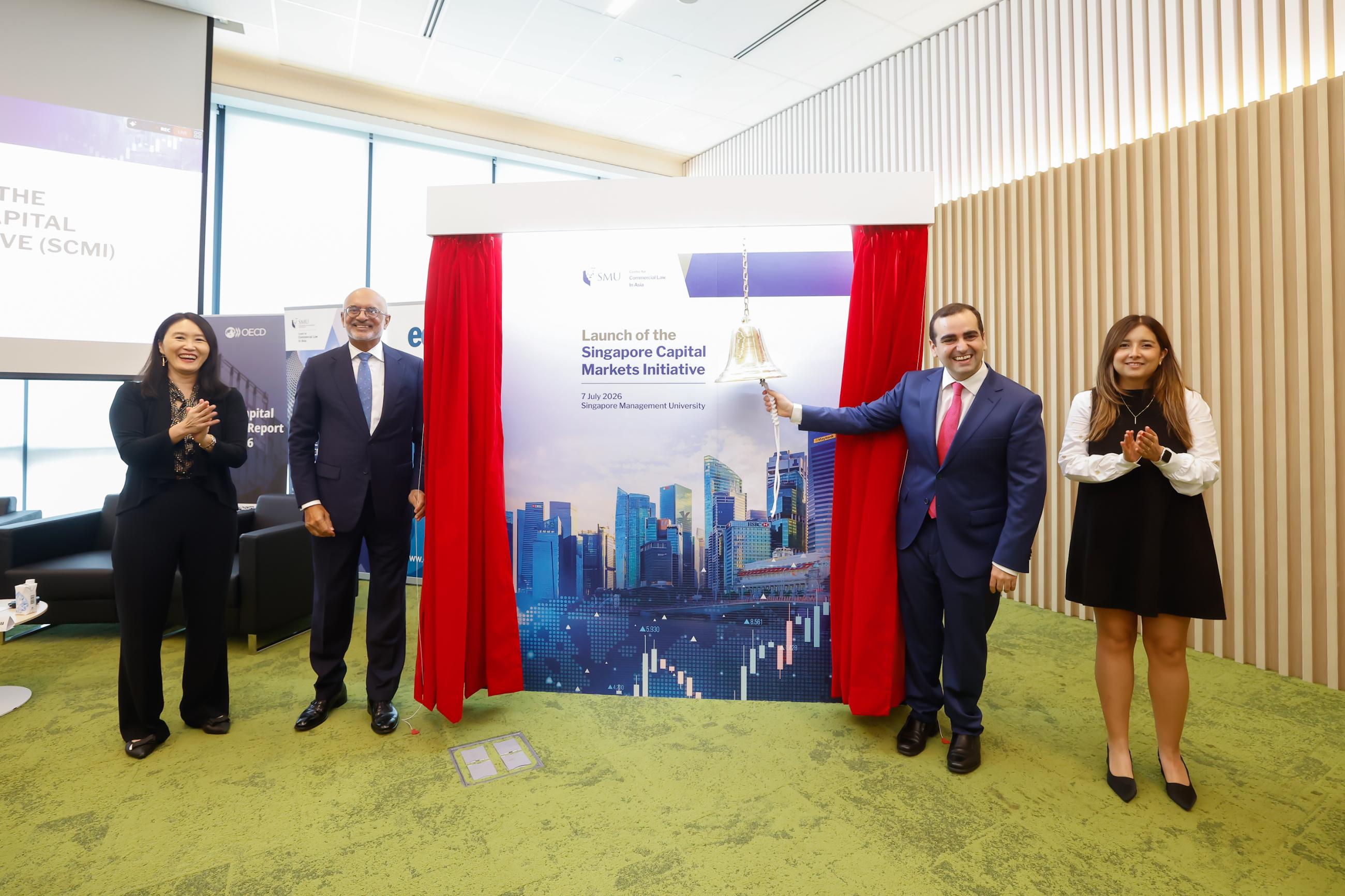 The Singapore Capital Markets Initiative was officially launched on 7 July by (L-R) Prof Lim Sun Sun, Mr Piyush Gupta, Prof Aurelio Gurrea-Martínez and Asst Prof Nydia Remolina Leon.